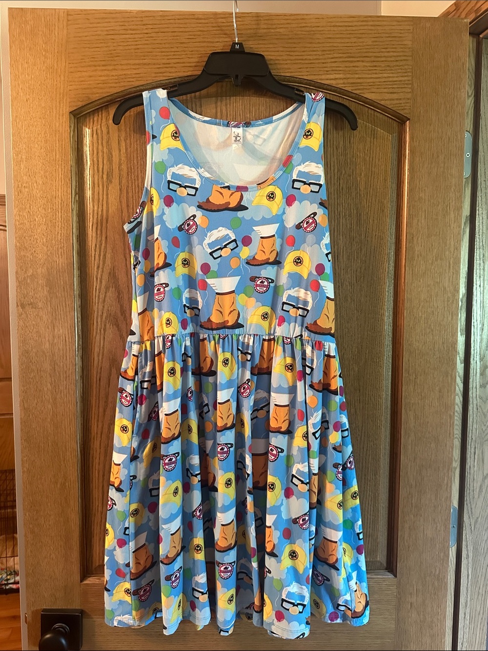 Ambrie Blue Novelty Print Sleeveless Skater Dress; UP print; mid knee length; M